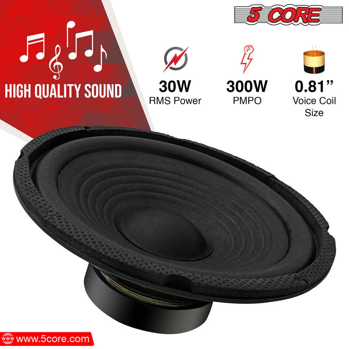 5 CORE 6 Inch Subwoofer Speaker Pair 4 OHM 300W Peak Replacement Car Audio Sub Woofer - WF 672