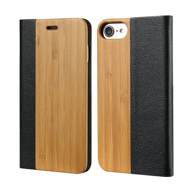Bamboo Wood Leather Flip Mobile Phone Case For iPhone 7 7 Plus Natural Wood Card Slot Stand Protector Cover For iPhone7 7Plus