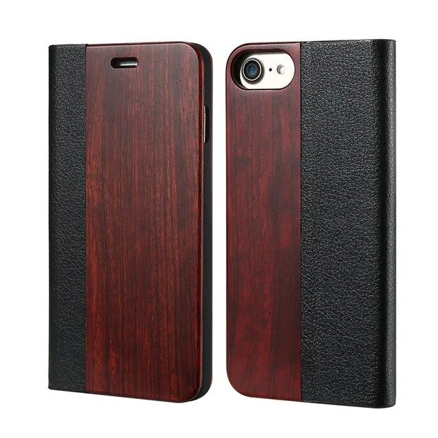 Bamboo Wood Leather Flip Mobile Phone Case For iPhone 7 7 Plus Natural Wood Card Slot Stand Protector Cover For iPhone7 7Plus