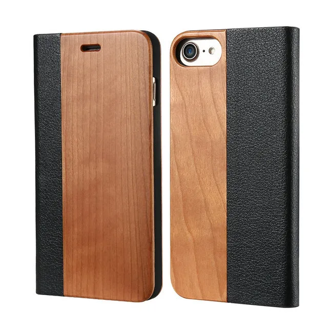 Bamboo Wood Leather Flip Mobile Phone Case For iPhone 7 7 Plus Natural Wood Card Slot Stand Protector Cover For iPhone7 7Plus