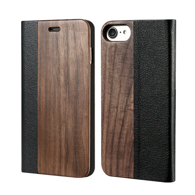 Bamboo Wood Leather Flip Mobile Phone Case For iPhone 7 7 Plus Natural Wood Card Slot Stand Protector Cover For iPhone7 7Plus