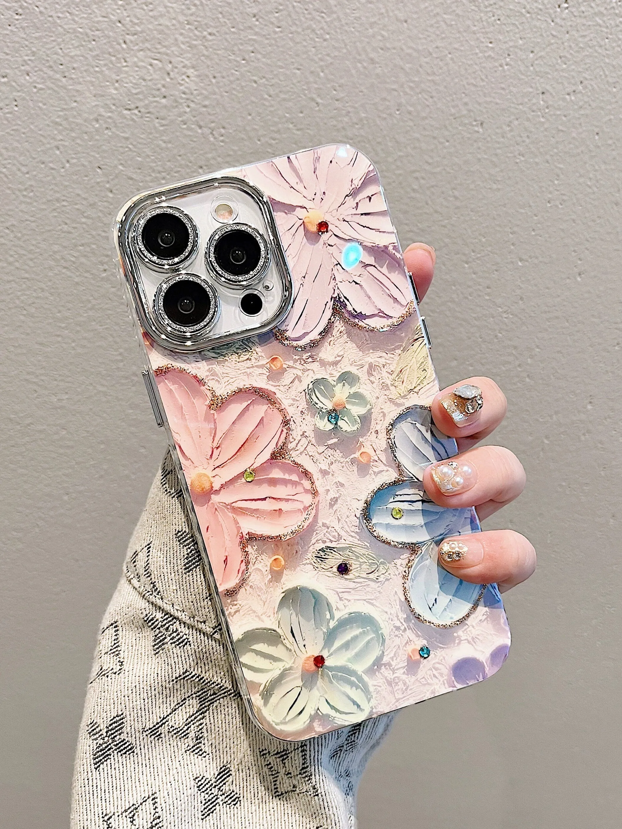 Cute Blue Ray Pink Oil Painting Flowers Design   Silver Hand Strap Protective Shockproof Phone Case for iPhone 11 12 13 14 15 Pro Max Case