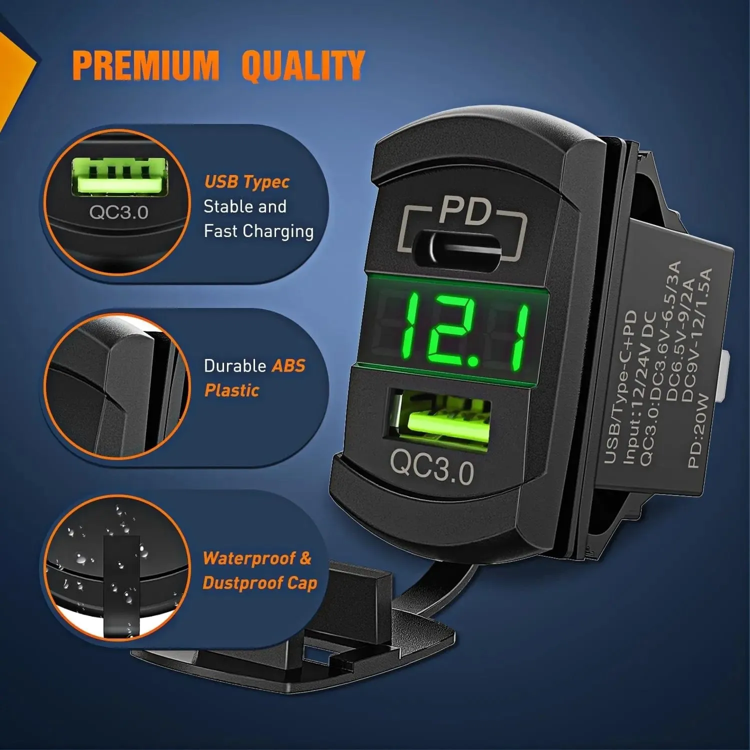 Green Rocker Switch Style Charger PD Type C QC 3.0 USB