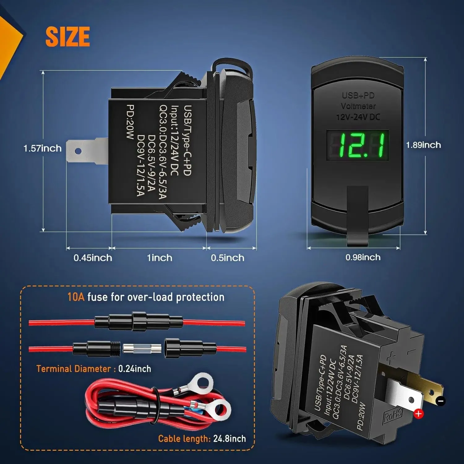 Green Rocker Switch Style Charger PD Type C QC 3.0 USB