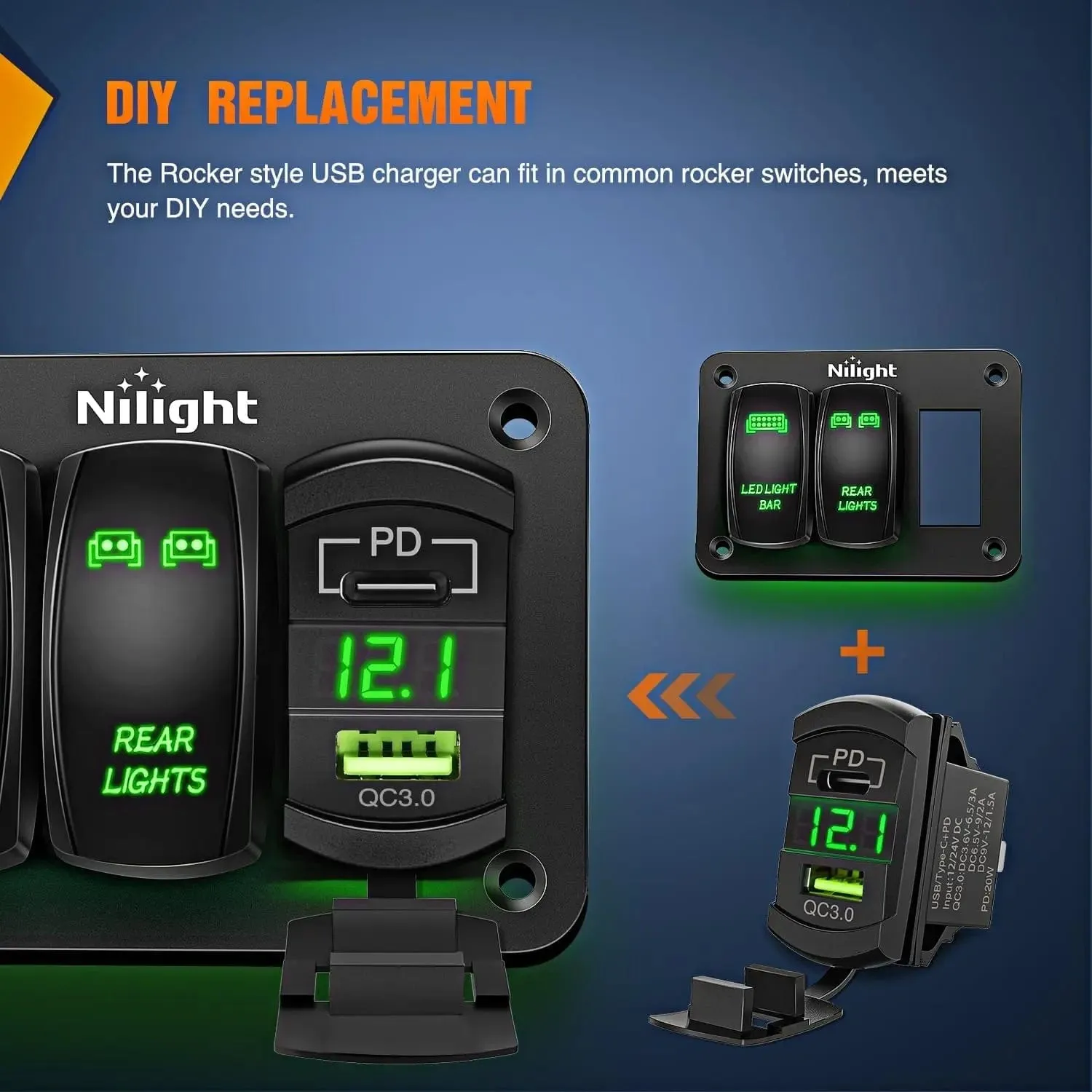 Green Rocker Switch Style Charger PD Type C QC 3.0 USB