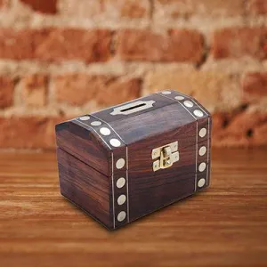 Handmade Wooden Brass Box | Vintage Treasure Chest | Piggy Bank