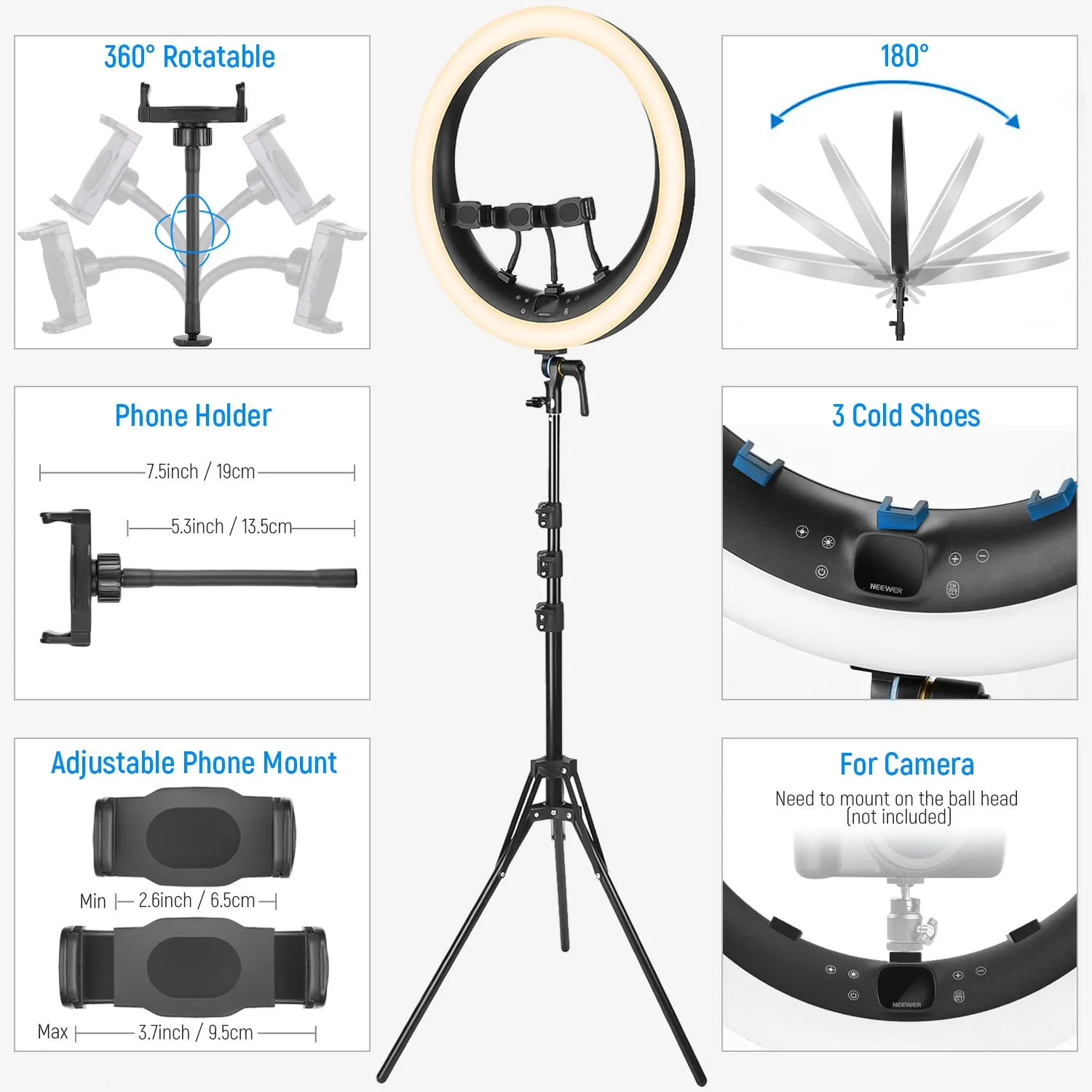 NEEWER RP19H 19 Inch LED Ring Light With 3 Phone Holders