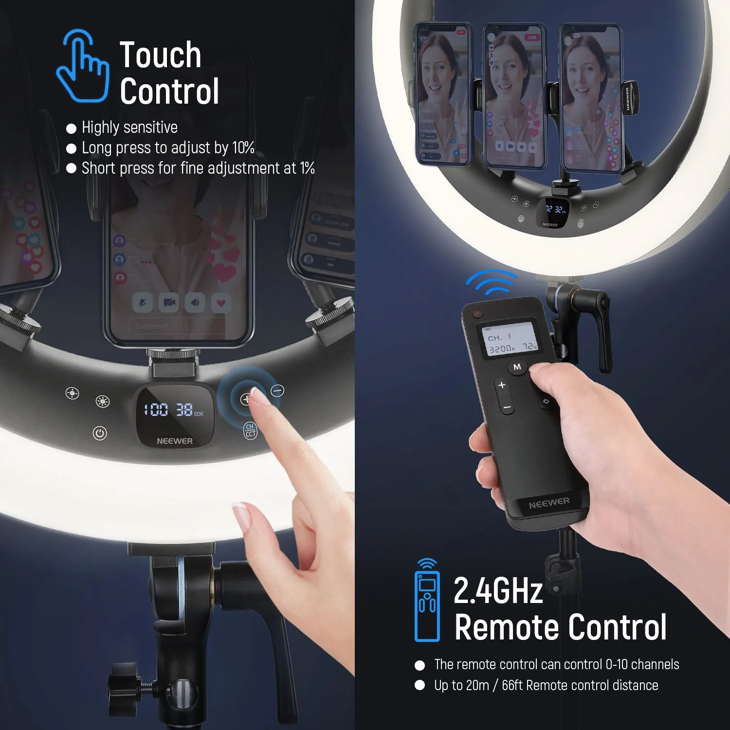 NEEWER RP19H 19 Inch LED Ring Light With 3 Phone Holders