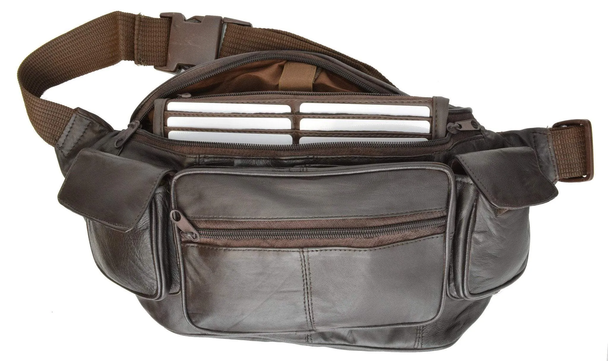 New Large Genuine Leather Waist Bag Fanny Pack with Two Cell Phone Pockets and Six Exterior Pockets 405 (C)