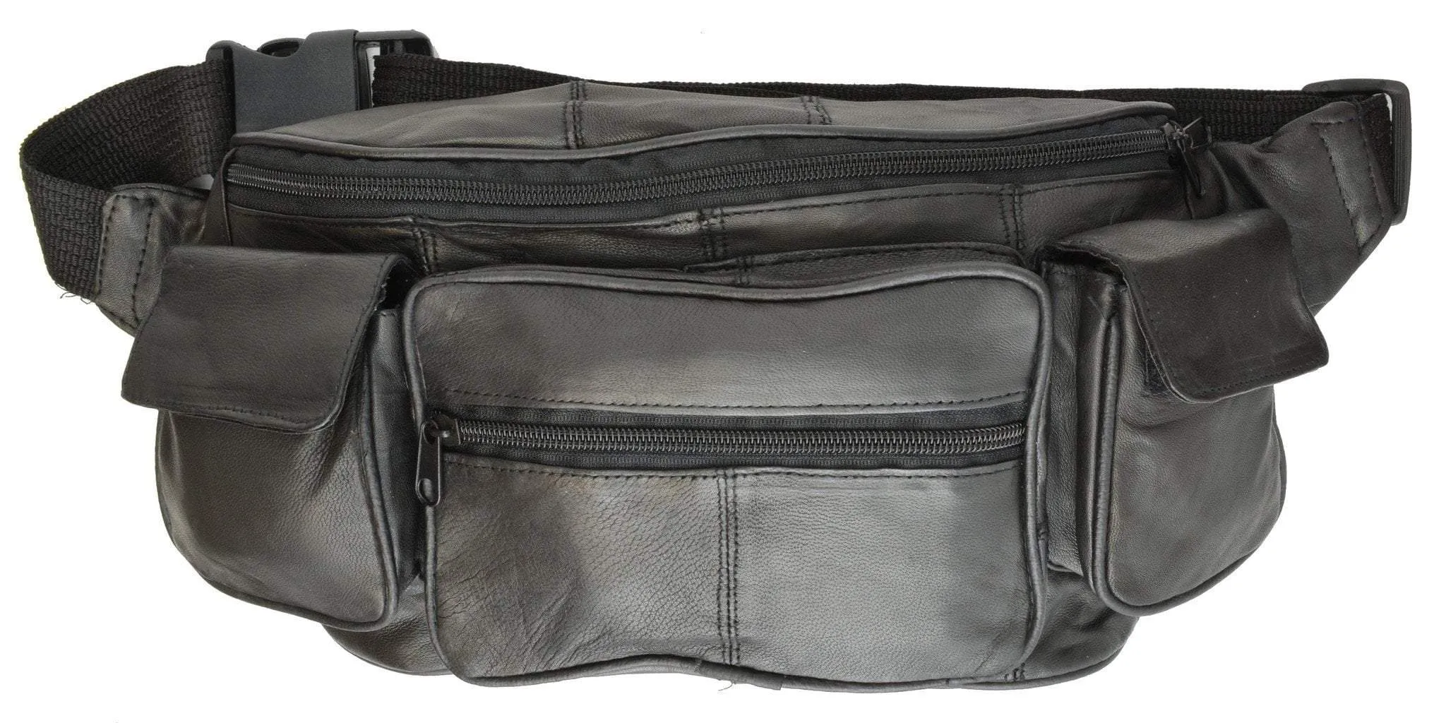 New Large Genuine Leather Waist Bag Fanny Pack with Two Cell Phone Pockets and Six Exterior Pockets 405 (C)