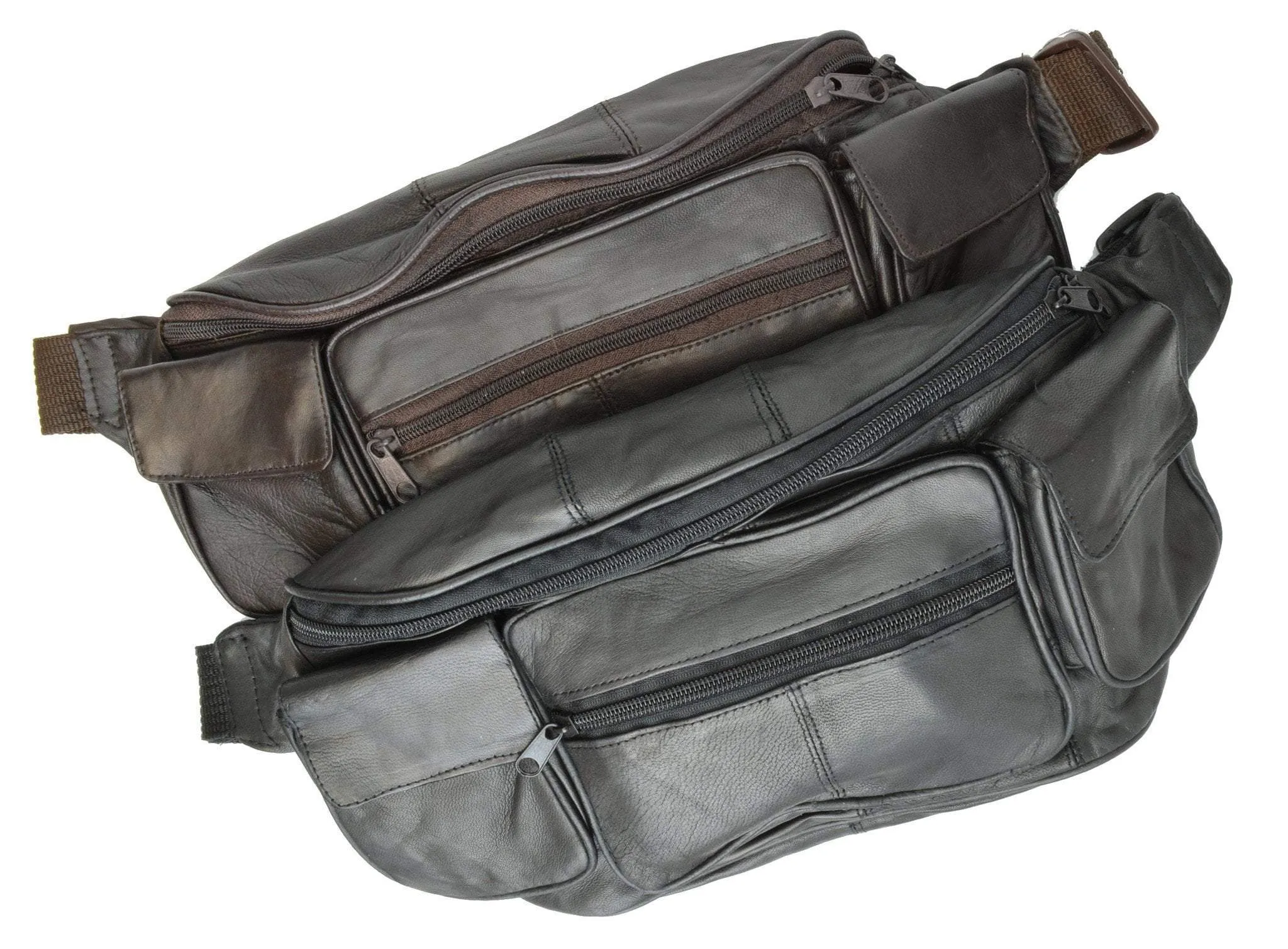 New Large Genuine Leather Waist Bag Fanny Pack with Two Cell Phone Pockets and Six Exterior Pockets 405 (C)