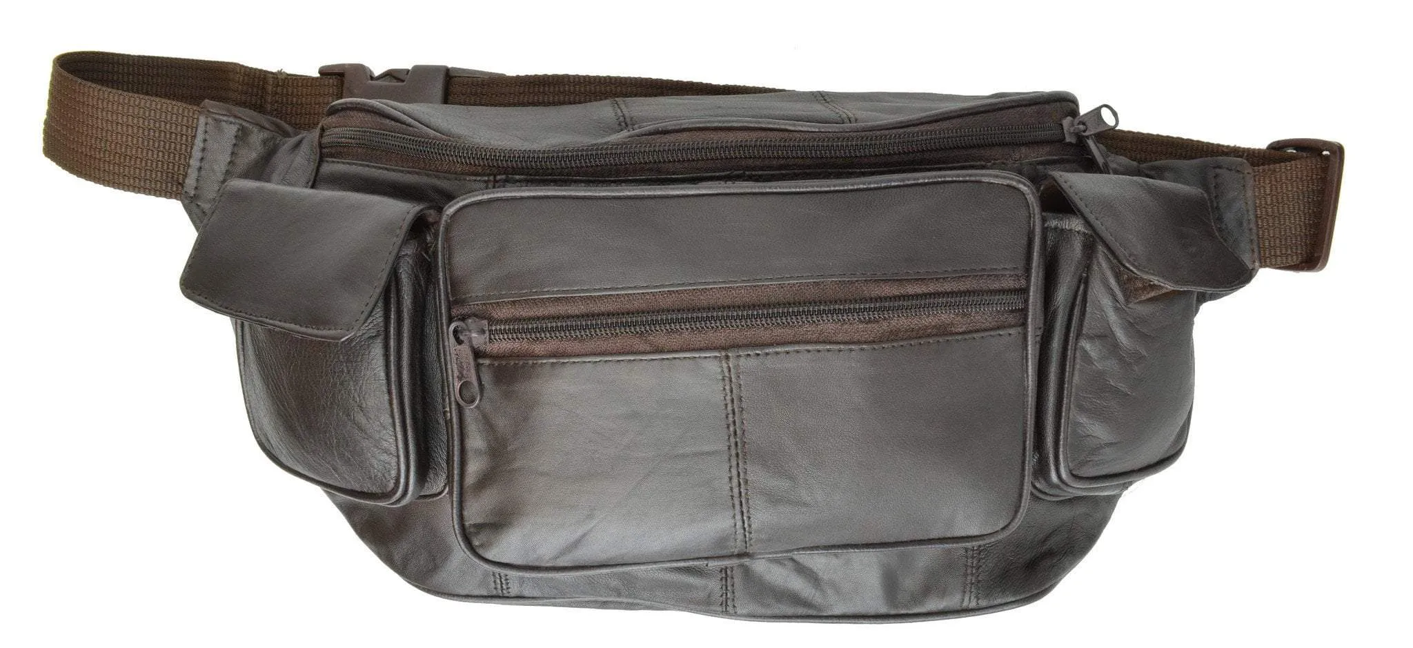 New Large Genuine Leather Waist Bag Fanny Pack with Two Cell Phone Pockets and Six Exterior Pockets 405 (C)