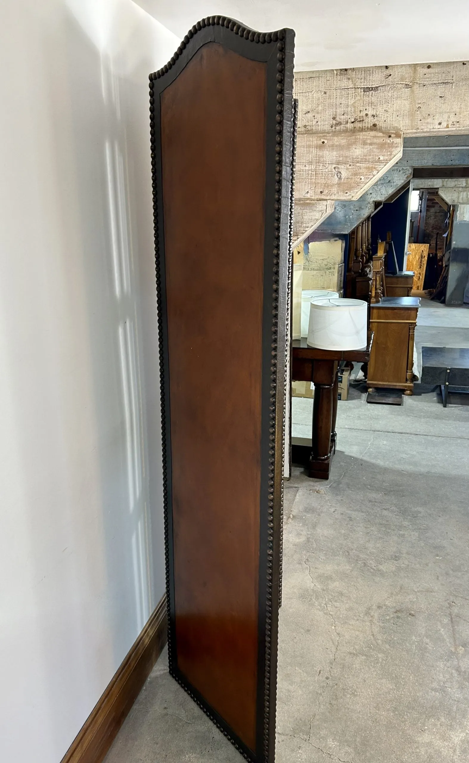 Room Screen, Room Divider, Two-Panel, Leather Look, Bronze Nailheads
