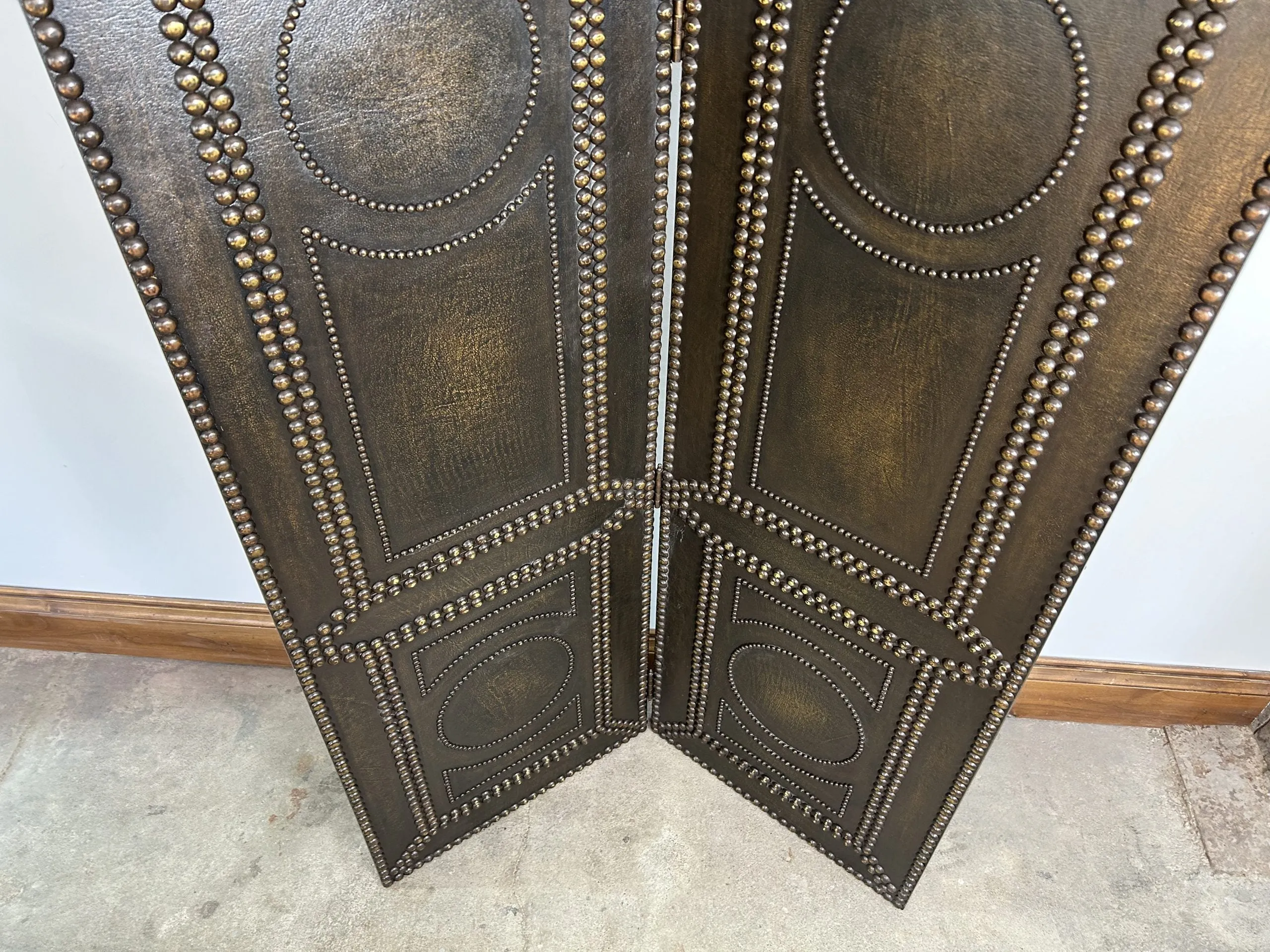 Room Screen, Room Divider, Two-Panel, Leather Look, Bronze Nailheads