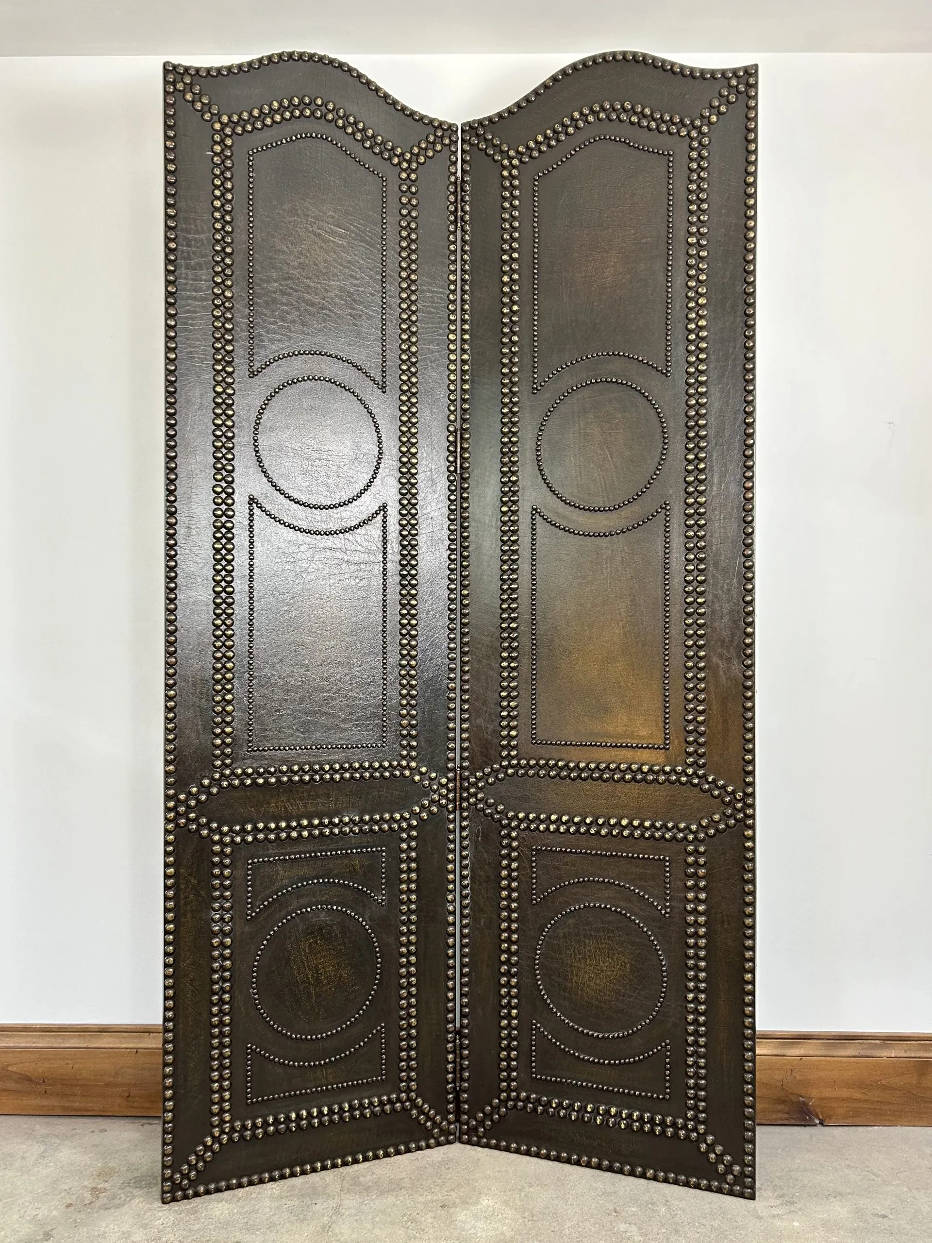 Room Screen, Room Divider, Two-Panel, Leather Look, Bronze Nailheads