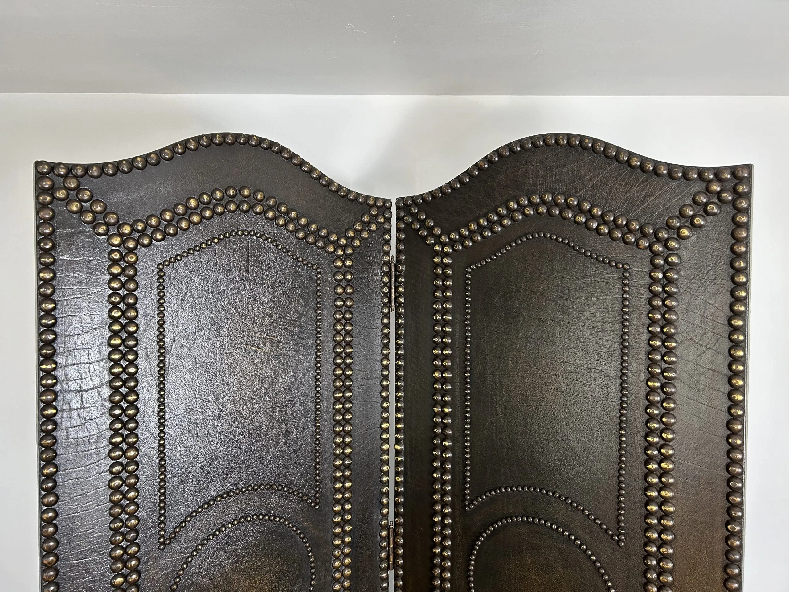Room Screen, Room Divider, Two-Panel, Leather Look, Bronze Nailheads
