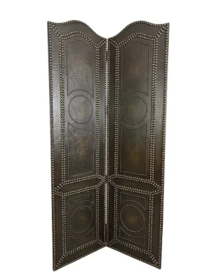 Room Screen, Room Divider, Two-Panel, Leather Look, Bronze Nailheads