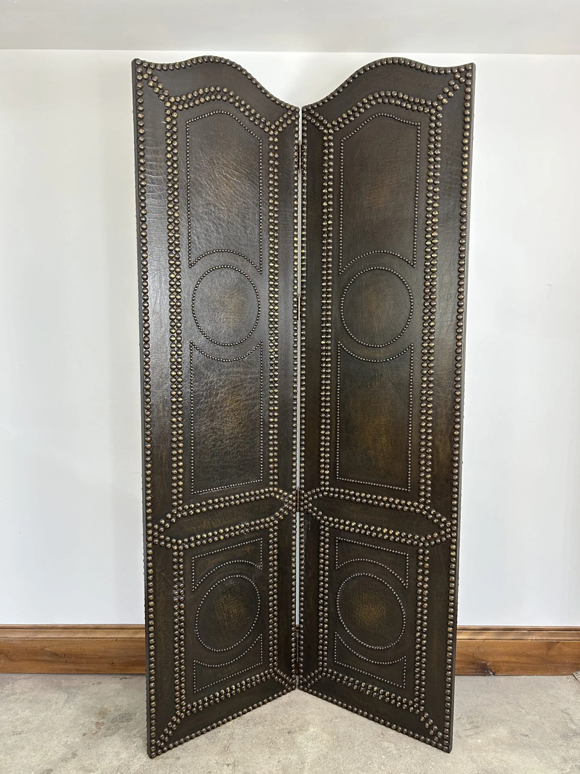 Room Screen, Room Divider, Two-Panel, Leather Look, Bronze Nailheads