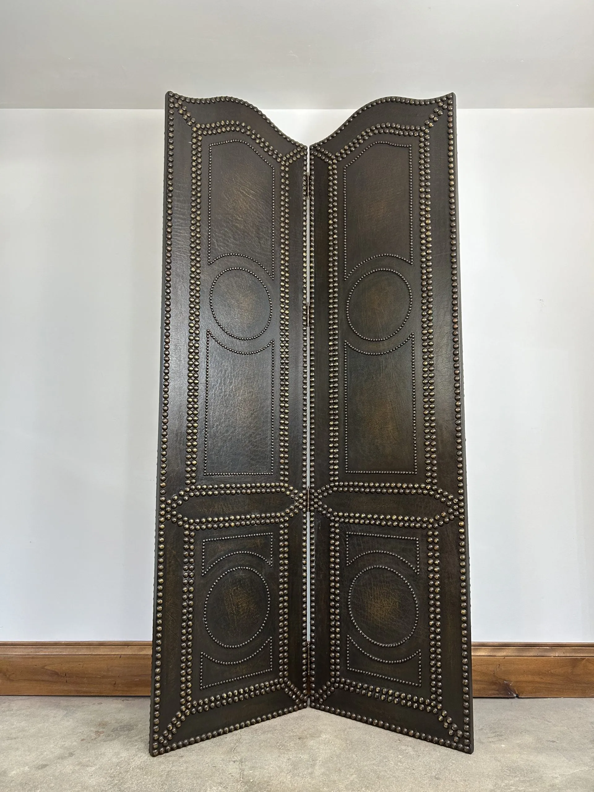 Room Screen, Room Divider, Two-Panel, Leather Look, Bronze Nailheads