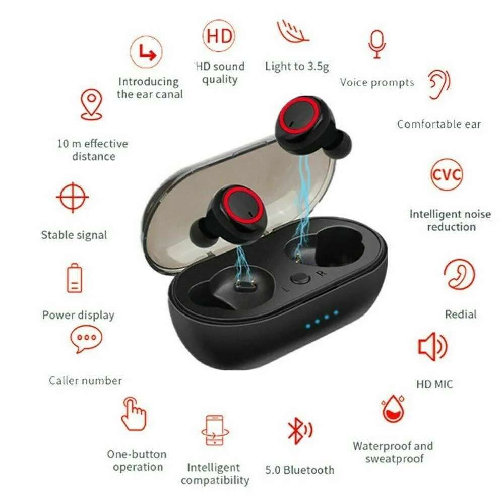 Waterproof Bluetooth 5.0 Wireless Earbuds Headphone Headset with Noise Cancelling