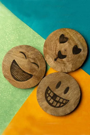 Wooden Emoji Coaster Set Of 3